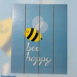Wall Plaque Hanging Picture Bee Happy Phrase Blue